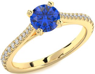 Diamond Blue Sapphire Gold Round Solitaire Pave Engagement Ring