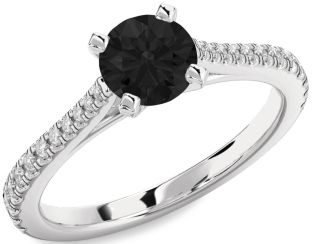 Black Diamond Silver Round Solitaire Pave Engagement Ring