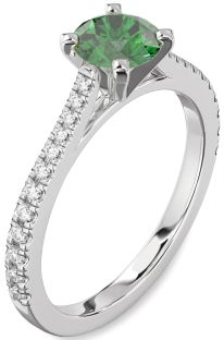 Diamond Emerald Platinum Round Solitaire Pave Engagement Ring