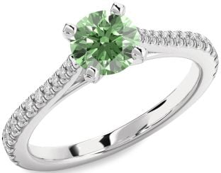 Green Diamond Silver Round Solitaire Pave Engagement Ring