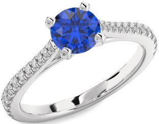 Diamond Blue Sapphire Platinum Round Solitaire Pave Engagement Ring