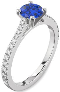 Diamond Blue Sapphire Silver Round Solitaire Pave Engagement Ring