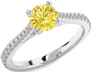 Yellow Diamond Silver Round Solitaire Pave Engagement Ring