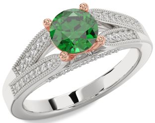 Diamond Emerald Platinum & Rose Gold Round Solitaire Engagement Ring