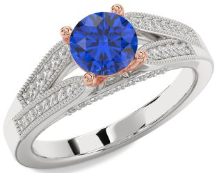Diamond Blue Sapphire Silver & 10K Rose Gold Round Vintage Engagement Ring