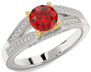 Diamond Ruby Silver & 10K gold Round Solitaire Engagement Ring
