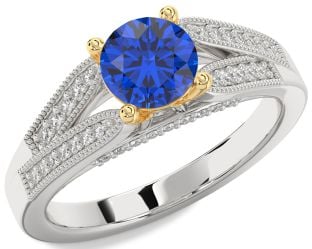 Diamond Blue Sapphire Gold Silver Round Vintage Engagement Ring