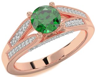 Diamond Emerald Rose Gold Round Solitaire Engagement Ring