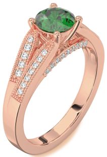 Diamond Emerald Rose Gold Round Vintage Engagement Ring