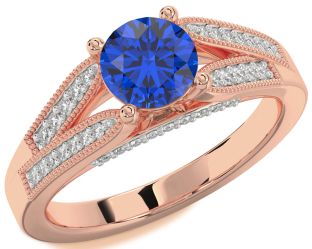 Diamond Blue Sapphire Rose Gold Round Vintage Engagement Ring