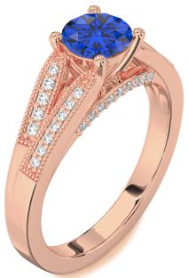 Diamond Blue Sapphire Rose Gold Round Vintage Engagement Ring
