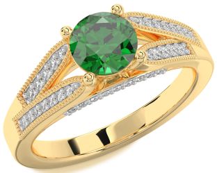 Diamond Emerald Gold Round Solitaire Engagement Ring