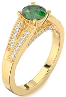 Diamond Emerald Gold Round Vintage Engagement Ring