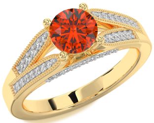 Diamond Fire Opal Gold Silver Round Vintage Engagement Ring