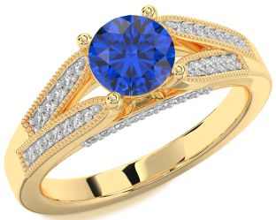 Diamond Blue Sapphire Gold Round Vintage Engagement Ring