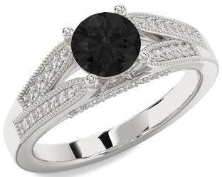 Black Diamond Silver Round Vintage Engagement Ring