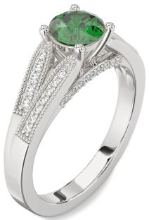 Diamond Emerald Platinum Round Vintage Engagement Ring