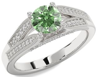 Green Diamond Silver Round Vintage Engagement Ring