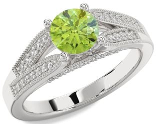 Diamond Peridot Silver Round Vintage Engagement Ring
