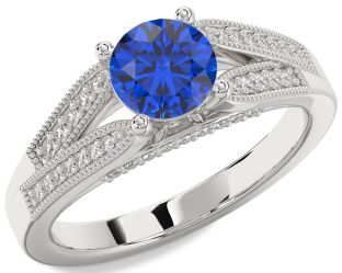 Diamond Blue Sapphire White Gold Round Vintage Engagement Ring