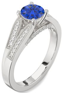 Diamond Blue Sapphire Platinum Round Vintage Engagement Ring