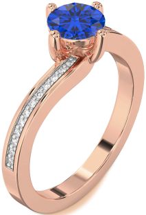 Diamond Blue Sapphire Rose Gold Silver Round Solitaire Pave Engagement Ring