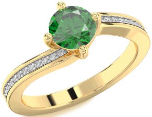 Diamond Emerald Gold Round Solitaire Pave Engagement Ring