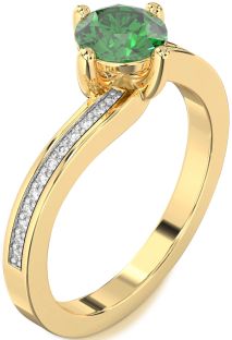 Diamond Emerald Gold Round Solitaire Pave Engagement Ring