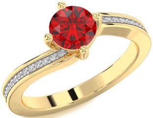 Diamond Ruby Gold Round Solitaire Pave Engagement Ring