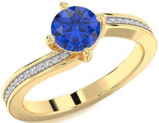 Diamond Blue Sapphire Gold Round Solitaire Pave Engagement Ring