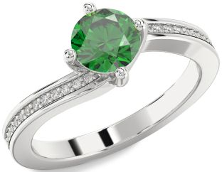 Diamond Emerald White Gold Round Solitaire Pave Engagement Ring