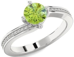 Diamond Peridot Silver Round Solitaire Pave Engagement Ring