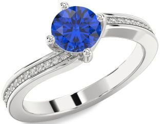 Diamond Blue Sapphire Silver Round Solitaire Pave Engagement Ring