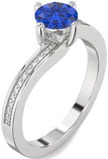 Diamond Blue Sapphire Silver Round Solitaire Pave Engagement Ring