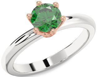 Emerald Silver & 10K Rose Gold Round Solitaire Engagement Ring