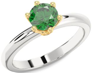 Emerald Silver & 10K gold Round Solitaire Engagement Ring