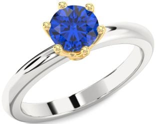 Blue Sapphire White Yellow Gold Round Solitaire Engagement Ring