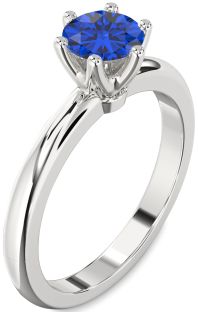Blue Sapphire Silver Round Solitaire Engagement Ring