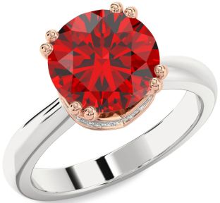 Diamond Ruby Silver & 10K Rose Gold Halo Round Solitaire Engagement Ring