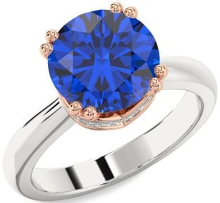 Diamond Blue Sapphire Rose Gold Silver Halo Round Solitaire Engagement Ring