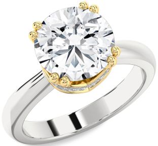 Diamond Silver & 10K gold Halo Round Solitaire Engagement Ring