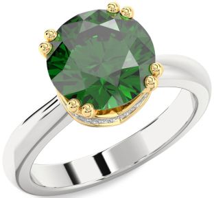 Diamond Emerald Silver & 10K gold Halo Round Solitaire Engagement Ring