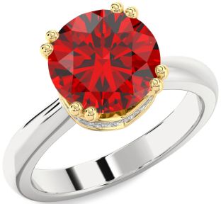 Diamond Ruby Silver & 10K gold Halo Round Solitaire Engagement Ring