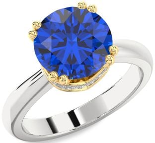 Diamond Blue Sapphire Gold Silver Halo Round Solitaire Engagement Ring