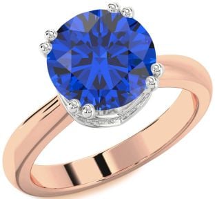Diamond Blue Sapphire Rose Gold Silver Halo Round Solitaire Engagement Ring