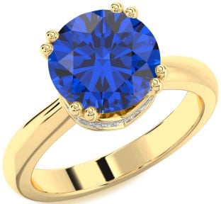 Diamond Blue Sapphire Gold Halo Round Solitaire Engagement Ring