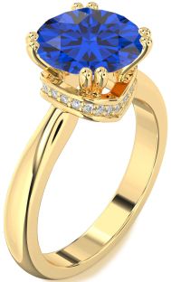 Diamond Blue Sapphire Gold Halo Round Solitaire Engagement Ring