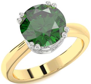 Diamond Emerald Platinum & Yellow Gold Halo Round Solitaire Engagement Ring