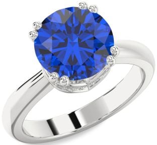 Diamond Blue Sapphire White Gold Halo Round Solitaire Engagement Ring