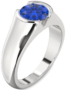 Blue Sapphire Silver Round Solitaire Engagement Ring